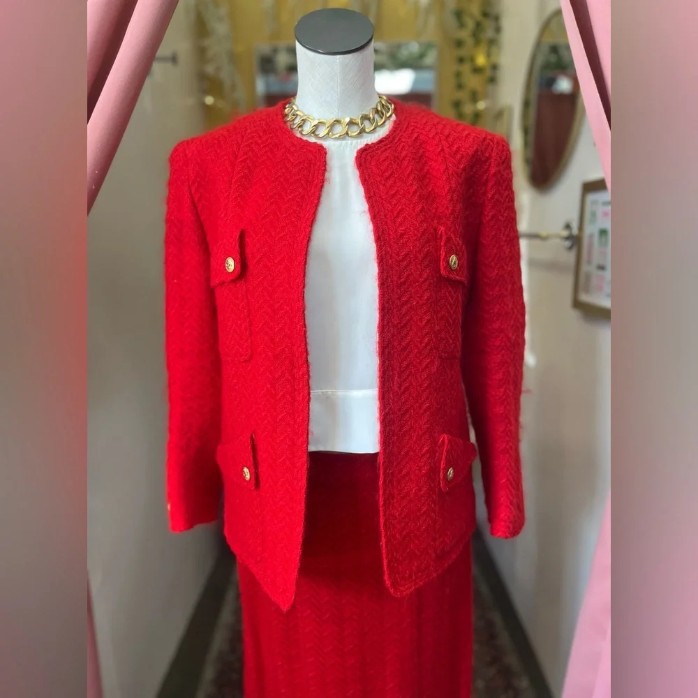 Vintage Chanel Boutique Red Herringbone Wool Suit Jacket and Skirt Set / Size 40